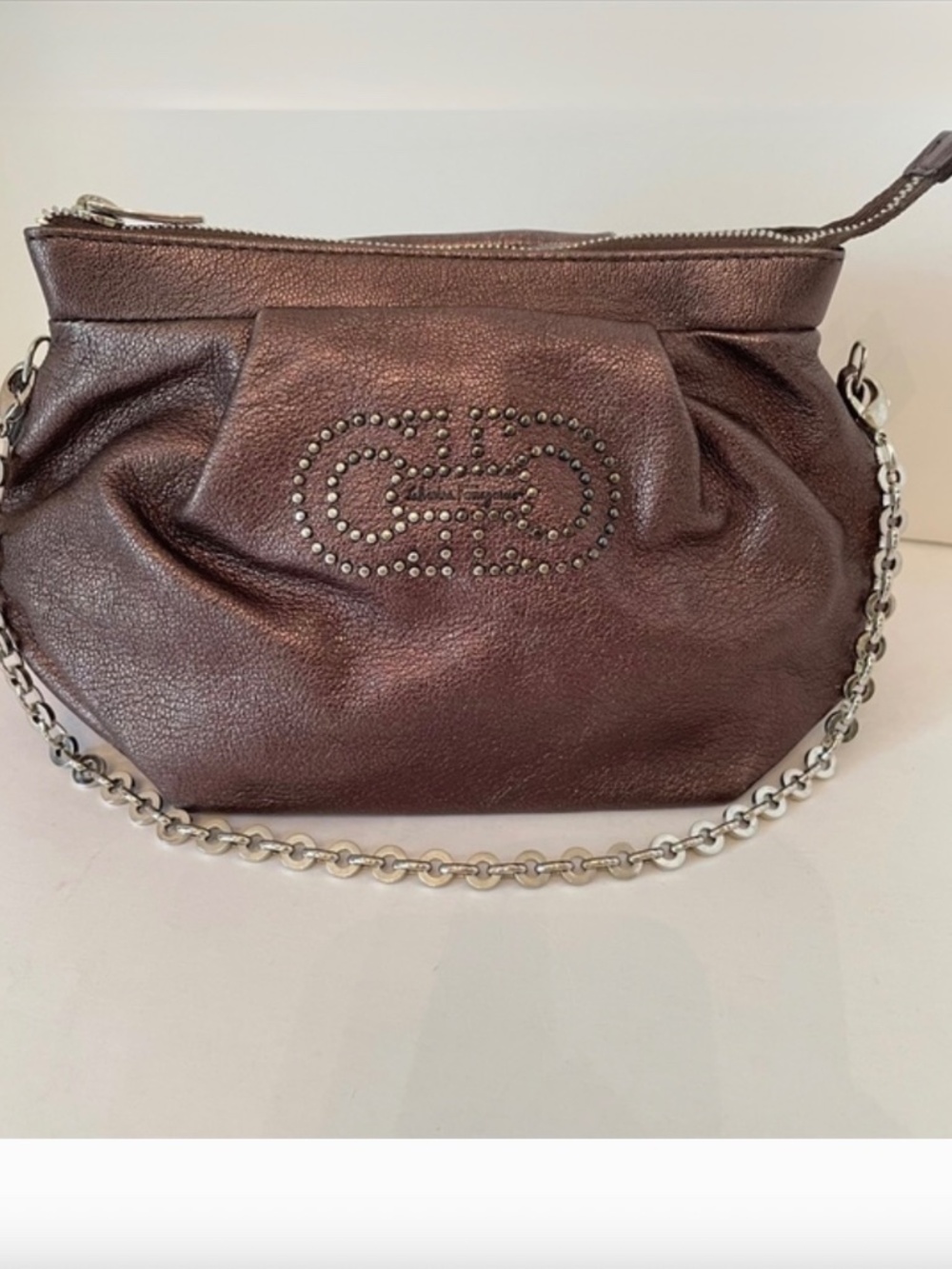 Salvatore Ferragamo Bronze Metallic Gancini Studded Mini Bag Leather